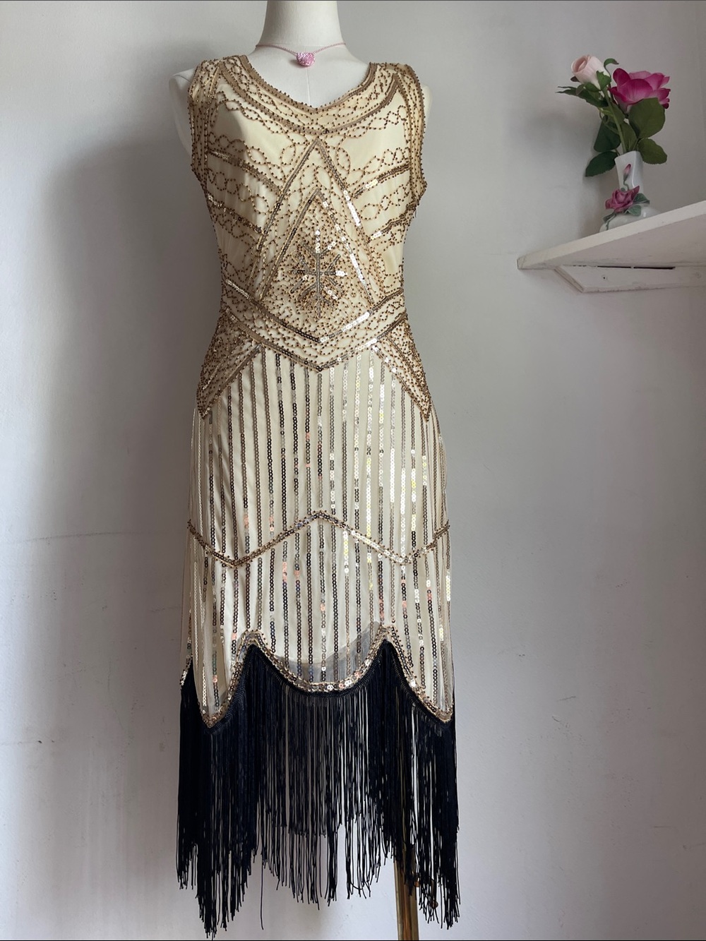 Gold Beaded Flapper Dress with Black Fringe
